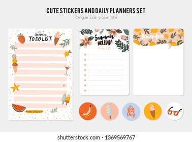 Collection of weekly and daily planners, sheet for notes and to do lists with summer  illustrations and lettering. Template for agenda, planners, check lists, and other stationery. Vector