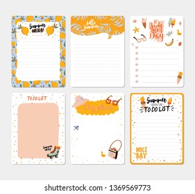 Collection of weekly and daily planners, sheet for notes and to do lists with summer  illustrations and lettering. Template for agenda, planners, check lists, and other stationery. Vector