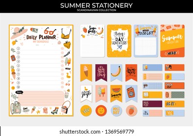 Collection of weekly and daily planners, sheet for notes and to do lists with summer  illustrations and lettering. Template for agenda, planners, check lists, and other stationery. Vector