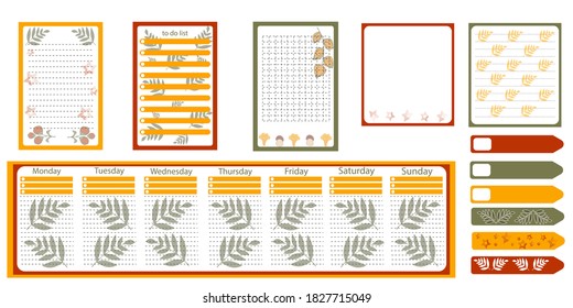 Collection of weekly or daily scheduling, note paper, to-do list, sticker and bookmark templates. Vector. Autumn motives.