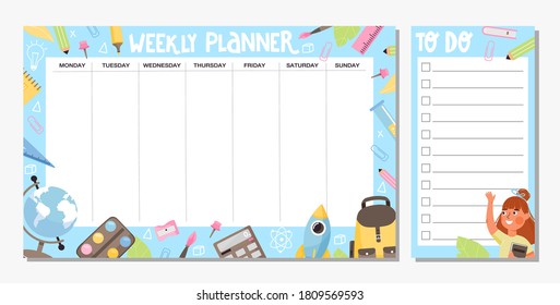 Collection of weekly planner and to do list template. School timetable or schedule design with various school supplies and girl. Vector illustration.