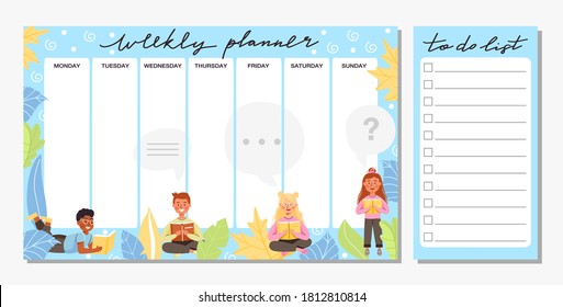 Collection of weekly planner and to do list template. School timetable or schedule design with various leaves and school children. Vector illustration.