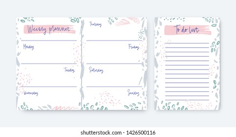 Collection of weekly planner and to-do-list templates decorated by stains and scribble. Schedule, reminder or timetable for daily organization and effective planning. Creative vector illustration.