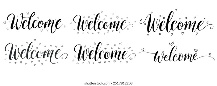 collection of 'Welcome' handwritten isolated on white background. Hand drawn lettering style calligraphy.