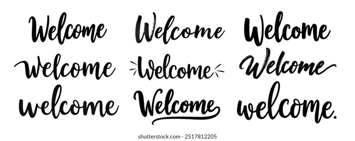 collection of 'Welcome' handwritten isolated on white background. Hand drawn lettering style calligraphy.