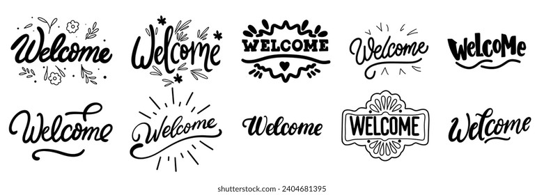 Collection of Welcome inscription banner. Handwriting text banners set Welcome lettering. Hand drawn vector art.