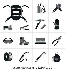 Collection of welding tools and safety gear icons presented in a clean vector graphic style.