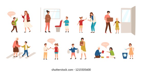 Collection of well-behaved kids isolated on white background. Set of children demonstrating good manners - open door, helping old lady to cross road, offering seat to woman. Vector illustration.