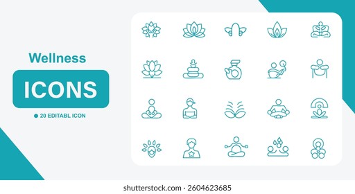 a collection of wellness icons, featuring yoga, meditation, spa, and health themes. the design is clean and modern, perfect for promoting relaxation and balance. editable line art design
