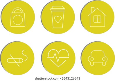 "Collection of wellness lifestyle icons including shopping, coffee, home, no smoking, heart health, and transport symbols, transparent background."