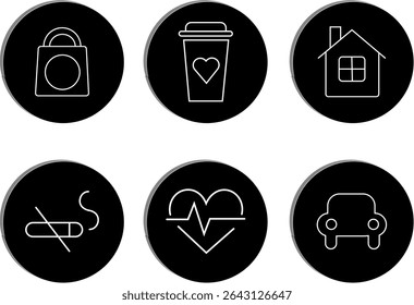 "Collection of wellness lifestyle icons including shopping, coffee, home, no smoking, heart health, and transport symbols, transparent background."