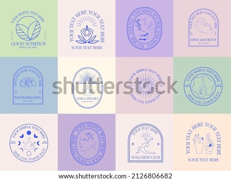 Collection of Wellness linear logotypes, symbols, icons design template with self care, mental health, nutrition, yoga. Editable vector logotype.