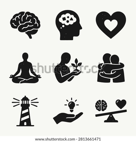 Collection of wellness and self-care icons featuring a brain, heart, meditating person, plant growth, hugging people, lighthouse, idea generation, and brain-heart balance, promoting holistic health.