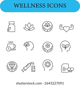  A collection of wellness-themed icons in a minimalist style. The icons are outlined in black against a white background.
