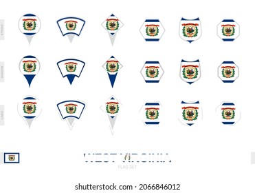 Collection of the West Virginia flag in different shapes and with three different effects. Vector flag set.