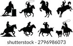 A collection of western rodeo silhouettes featuring cowboys on horses and bulls performing barrel racing, roping, bronc riding, and cattle handling activities. Perfect for sports graphics, ranch themes, vector designs, logos, posters, and country lifestyle projects.
