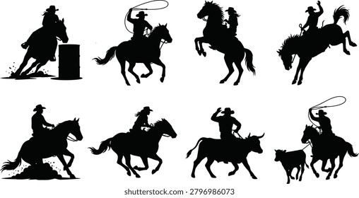 A collection of western rodeo silhouettes featuring cowboys on horses and bulls performing barrel racing, roping, bronc riding, and cattle handling activities. Perfect for sports graphics, ranch themes, vector designs, logos, posters, and country lifestyle projects.