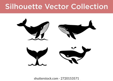 Colección de siluetas de ballenas aisladas sobre fondo blanco
