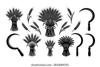 Collection of wheat sheaves and sickles in black silhouette