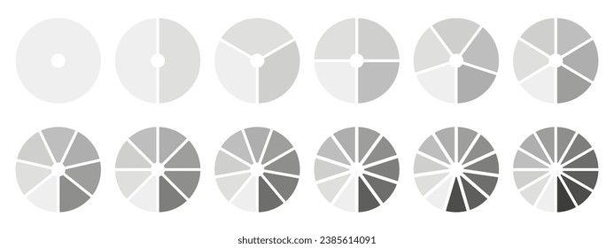 Colección de diagramas de rueda, uno, dos, tres, cuatro, cinco, seis, siete, ocho, nueve, diez, once, doce segmentos. División circular, 1, 2, 3, 4, 5, 6, 7, 8, 9, 10, 11, 12 partes iguales. Conjunto de infografías.