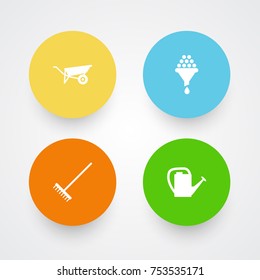 Collection Of Wheelbarrow, Filter, Watering Can And Other Elements.  Set Of 4 Horticulture Icons Set. 