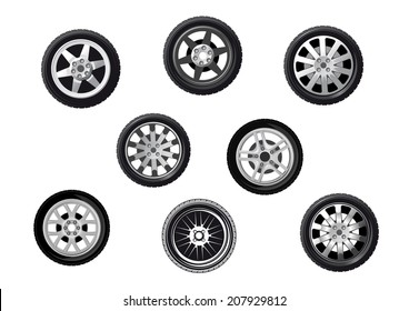 Collection of wheels or tyres with spoked alloy rims and hubs, isolated on white for transportation or service logo design