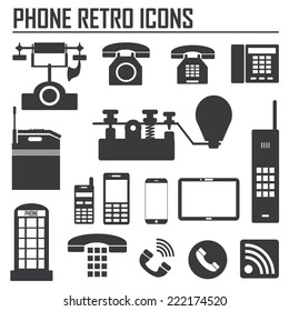 The collection which show evolution of phone and communication  icons on white background. Vector illustration.