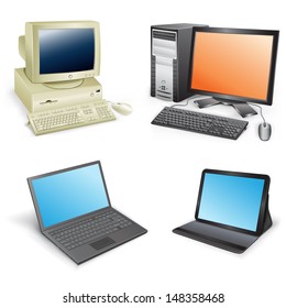 The collection which shows evolution of computers isolated on a white background