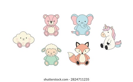 Collection of whimsical baby theme elements including stuffed unicorn bear elephant fox and sheep icons for cute nursery interior design.