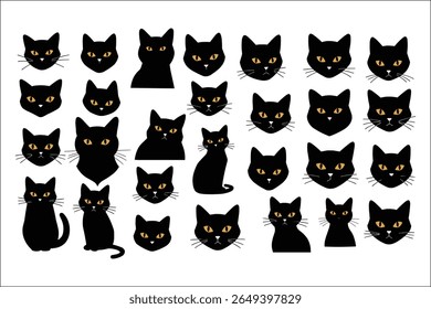 Coleção de capas de gato preto encantadoras Cabeças e corpos de felina expressivos imagens minimalistas perfeitas para o Halloween e os amantes dos animais