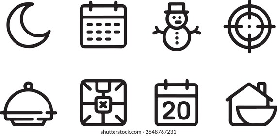Collection of Whimsical Black and White Line Art Icons Featuring Festive, Celestial, and Everyday Objects in a Playful Arrangement