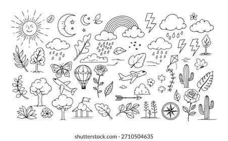A collection of whimsical, black and white sketch icons representing various natural themes like sun, moon, clouds, rain, rainbow, tree, leaf, flower, cactus, airplane, and arrow for design use.