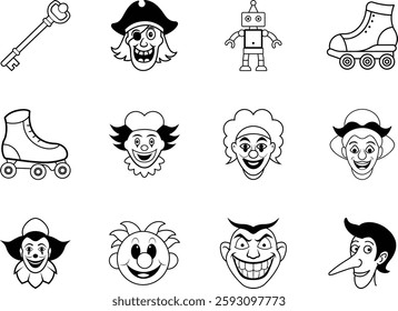 Collection of Whimsical Cartoon Icons Featuring a Pirate Clown Robot and Roller Skates