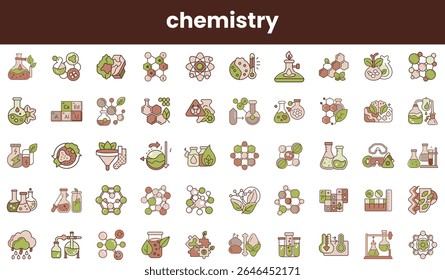 A collection of whimsical chemistry-themed icons featuring laboratory equipment, molecular structures, and natural elements, showcasing scientific creativity in soft earthy tones.