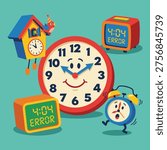 A collection of whimsical clocks, including a digital clock displaying an error, an alarm clock, and a cuckoo clock, all with cartoon faces.