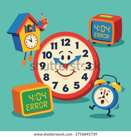 A collection of whimsical clocks, including a digital clock displaying an error, an alarm clock, and a cuckoo clock, all with cartoon faces.