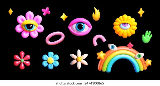 A collection whimsical of colorful 3D vector icons on a black background featuring eyes, flowers bud, a rainbow, stars,alien hand.