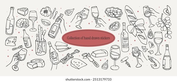 Colección del arte caprichoso de la línea del doodle. Etiquetas engomadas dibujadas a mano del vino elegante. Clipart vintage Elementos de tinta para el logotipo, carteles, diseños de camisetas. Incluye manos con copa, botellas de vino y copas.