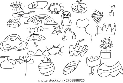 A collection of whimsical doodles featuring various objects and creatures in black and white lines