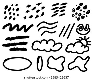 Collection of whimsical doodles including lines, clouds, and abstract shapes, perfect for enhancing graphic designs.