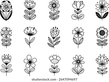 A collection of whimsical flowers. A beautiful collection of hand-drawn flowers suitable for black and white line art decoration. Simple yet elegant illustrations for any creative endeavor.