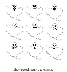Collection of whimsical ghosts icons with different face expressions. Vector EPS 10.