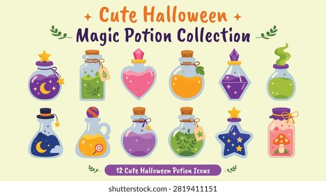 Collection of whimsical Halloween magic potion bottles featuring cute fantasy witch elixirs, mystical brews, enchanted herbs, moon charms, stars, mushrooms, and magical ingredients in flat illustration style. Perfect for Halloween decorations, stickers, invitations, party designs, children's projects, and fantasy themed artwork.