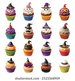 Collection of whimsical Halloween-themed cupcakes with witch hats