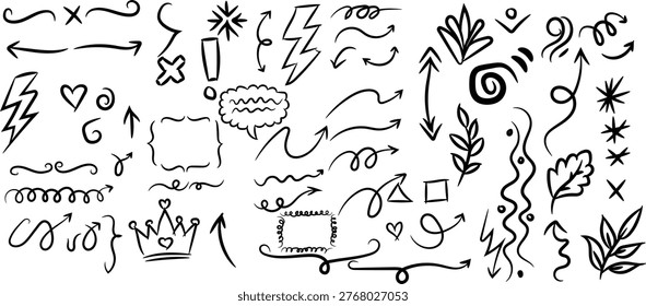 Collection of whimsical hand drawn doodles and abstract shapes