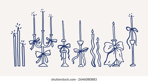 Collection of whimsical hand drawn line art candles with bows. Soft candlelight in various styles. Vector outline illustration