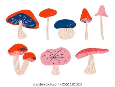 Collection of whimsical hand drawn mushroom. A set of eight artistic hand drawn mushrooms featuring whimsical caps and unique details, perfect for decoration, and creative nature-inspired projects