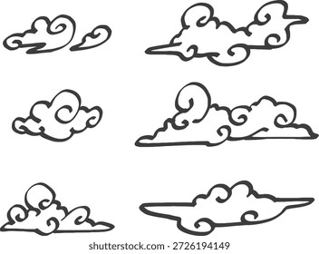 Colección de caprichosos iconos de la nube lunar dibujados a mano, perfectos para el arte digital, proyectos creativos y agregar un toque de magia celestial