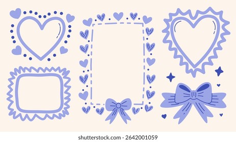 Collection of whimsical heart and ribbon frame elements in hand drawn doodle style. Perfect for cute greeting cards, vintage scrapbooking, posters, and romantic designs.