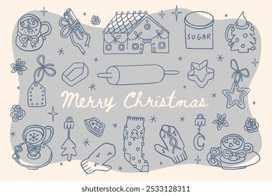 Collection of whimsical illustrations: Christmas decorations, baking tools, and festive items. Cheerful Merry Christmas greetings. Vintage coquette stickers, line art retro holiday clipart set 